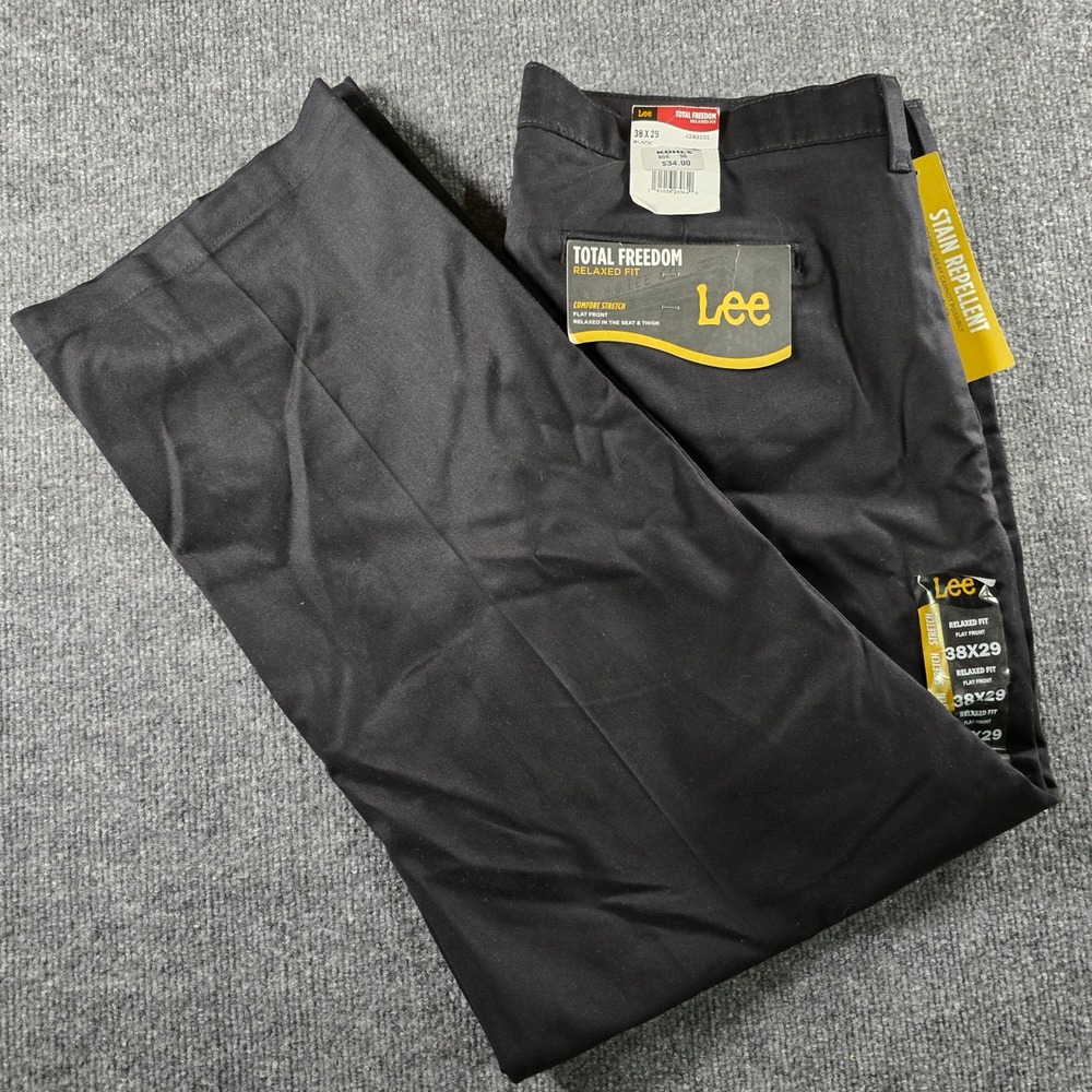 Lee Total Freedom Relaxed Fit Pants Mens 38x29 Black Comfort Stretch Flat Front